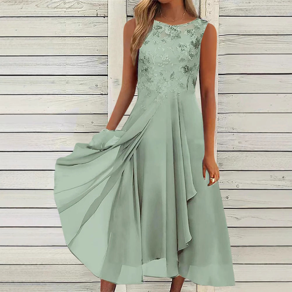 Damen nan ärmelloses Chiffon-Midikleid mit bestickter Brustpartie und asymmetrischem Lagenrock Echoarchiv