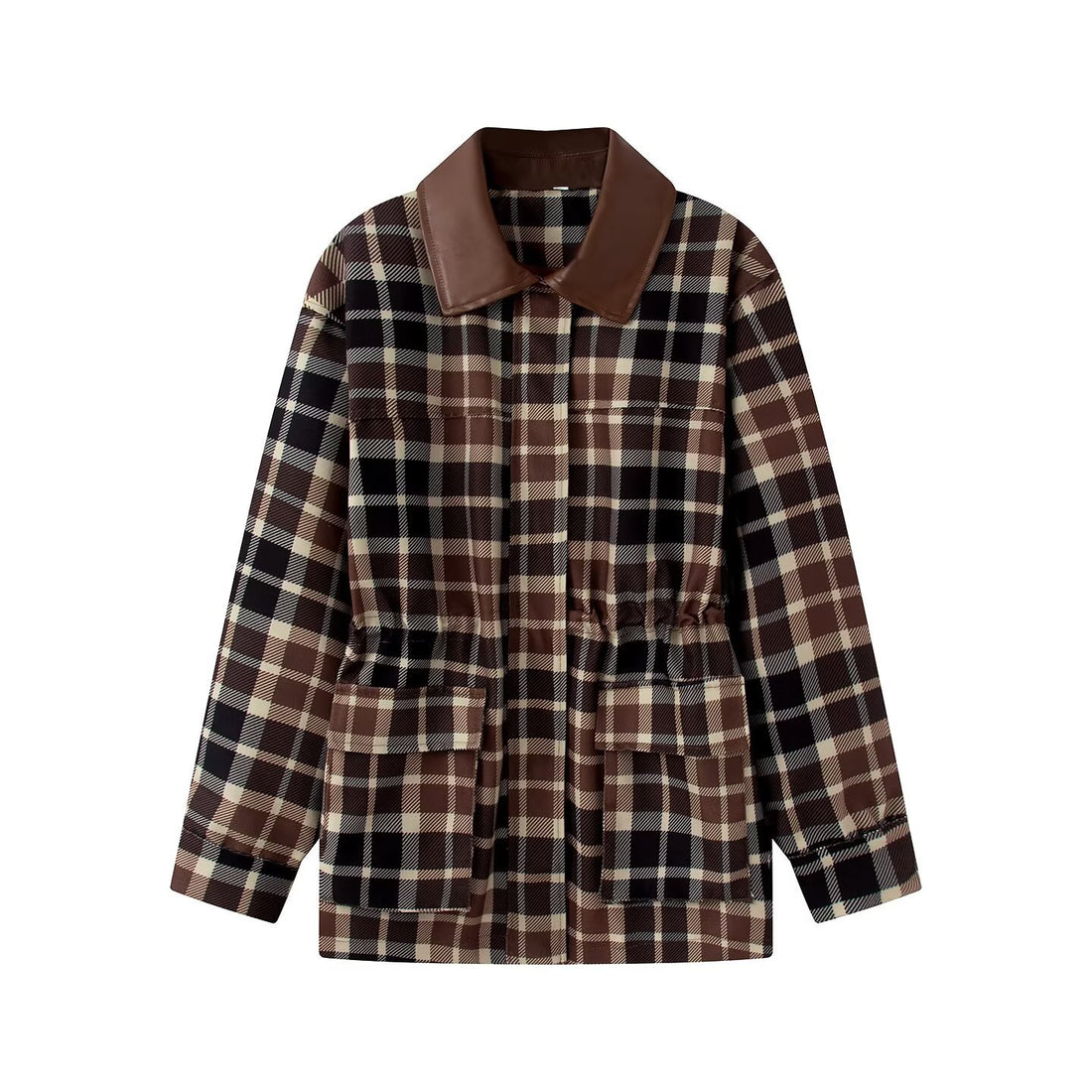 Damen Karierte Jacke mit Kunstlederkragen, Tunnelzug-Taille und Pattentaschen Echoarchiv