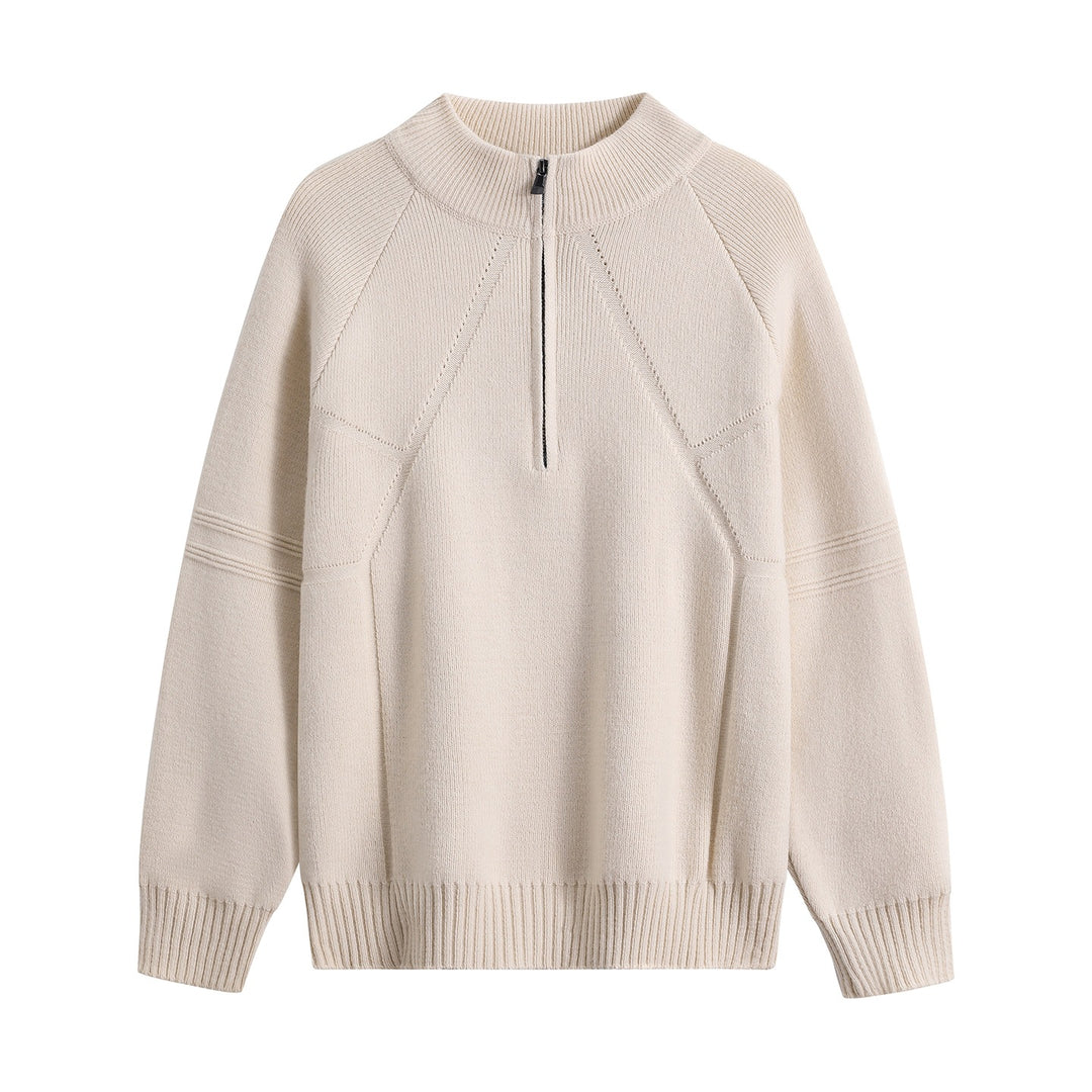 Unisex Oversize-Strickpullover mit Halbreißverschluss und geripptem Stehkragen Echoarchiv