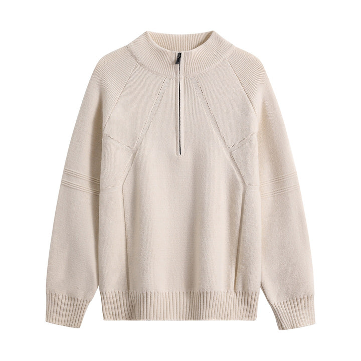 Unisex Oversize-Strickpullover mit Halbreißverschluss und geripptem Stehkragen Echoarchiv