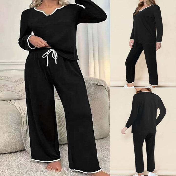 Damen Zweiteiliges Lounge-Set aus weichem Jersey mit V‑Ausschnitt, Langarm-Oberteil und weitem Palazzohosenbein – Élanora