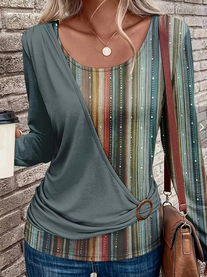 Damen Lagenlook Wickel‑Shirt mit asymmetrischer Drapierung und gestreiftem Unterteil – Orélia