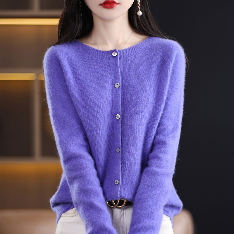 Damen Kurzgeschnittener Cardigan in Mohair‑Optik mit Rundhalsausschnitt und Perlmuttknöpfen Echoarchiv