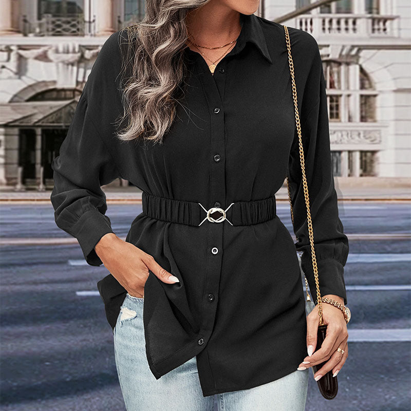 Damen Hemdblusenshirt mit elastischem Taillenband und Schmuckschließe Echoarchiv