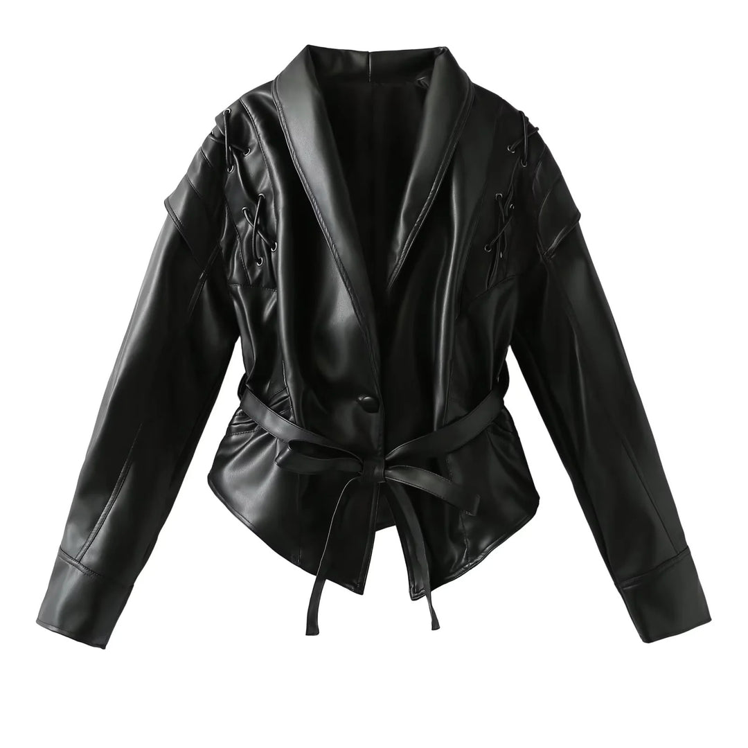 Damen Veloursoptik Blazerjacke mit Schalkragen, Schnürbesatz an den Schultern und taillierendem Bindegürtel – Valéne