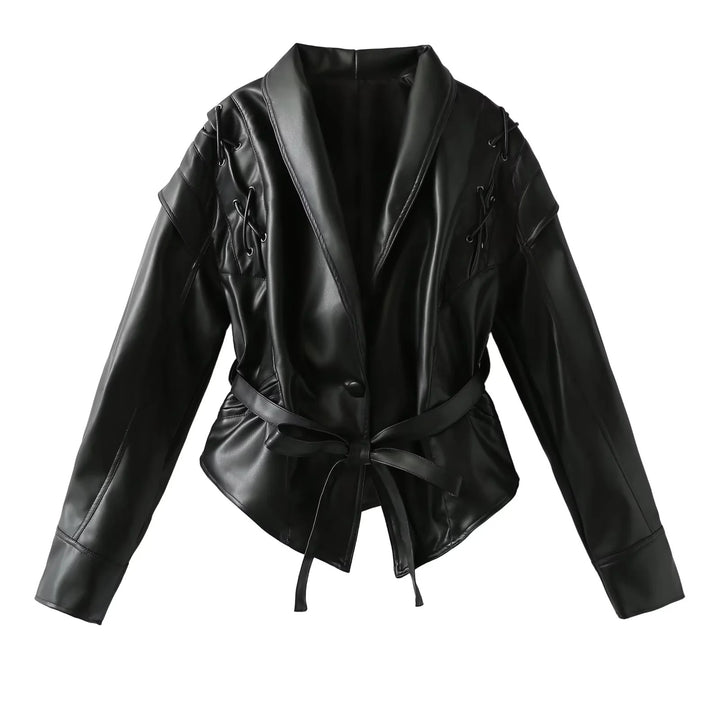 Damen Veloursoptik Blazerjacke mit Schalkragen, Schnürbesatz an den Schultern und taillierendem Bindegürtel – Valéne