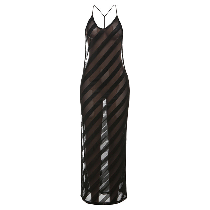 Damen elegantes Maxikleid mit tiefem Rückenausschnitt und feinem Streifenmuster Echo Archiv