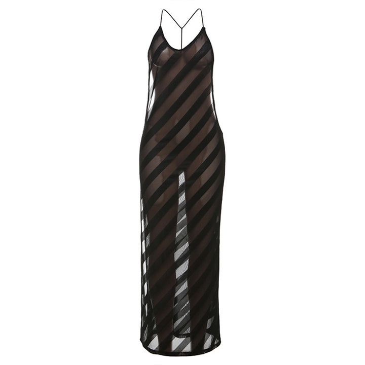 Damen elegantes Maxikleid mit tiefem Rückenausschnitt und feinem Streifenmuster Echo Archiv