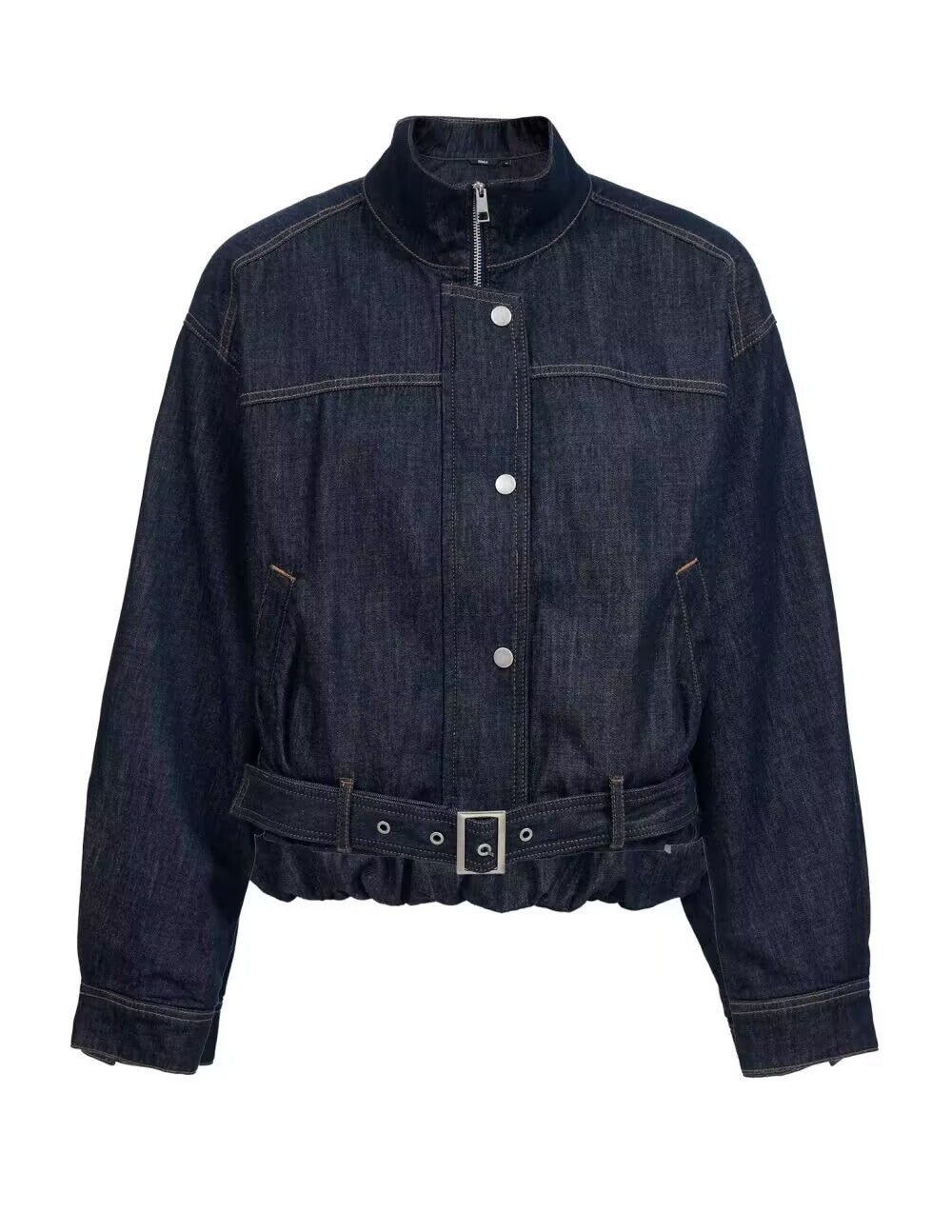 Damen Cropped Jeansjacke mit Stehkragen, Taillengürtel und elastischem Saum Echo Archiv