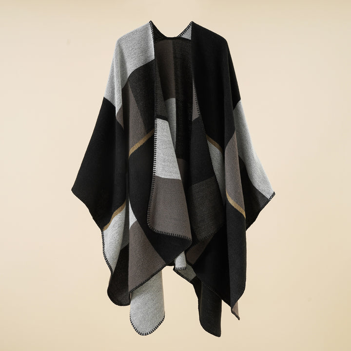 Damen Dreieckiger Strickponcho mit geometrischem Jacquardmuster und Ziernaht – Veloura