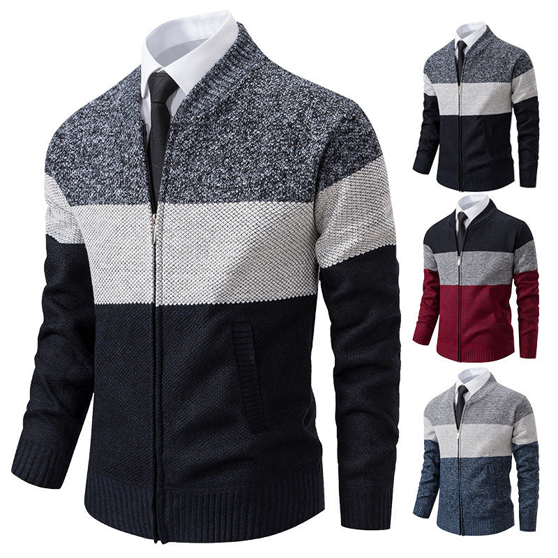 Herren Strukturierte Blockstreifen‑Strickjacke mit Frontzip, Stehkragen und Eingrifftaschen Echo Archiv