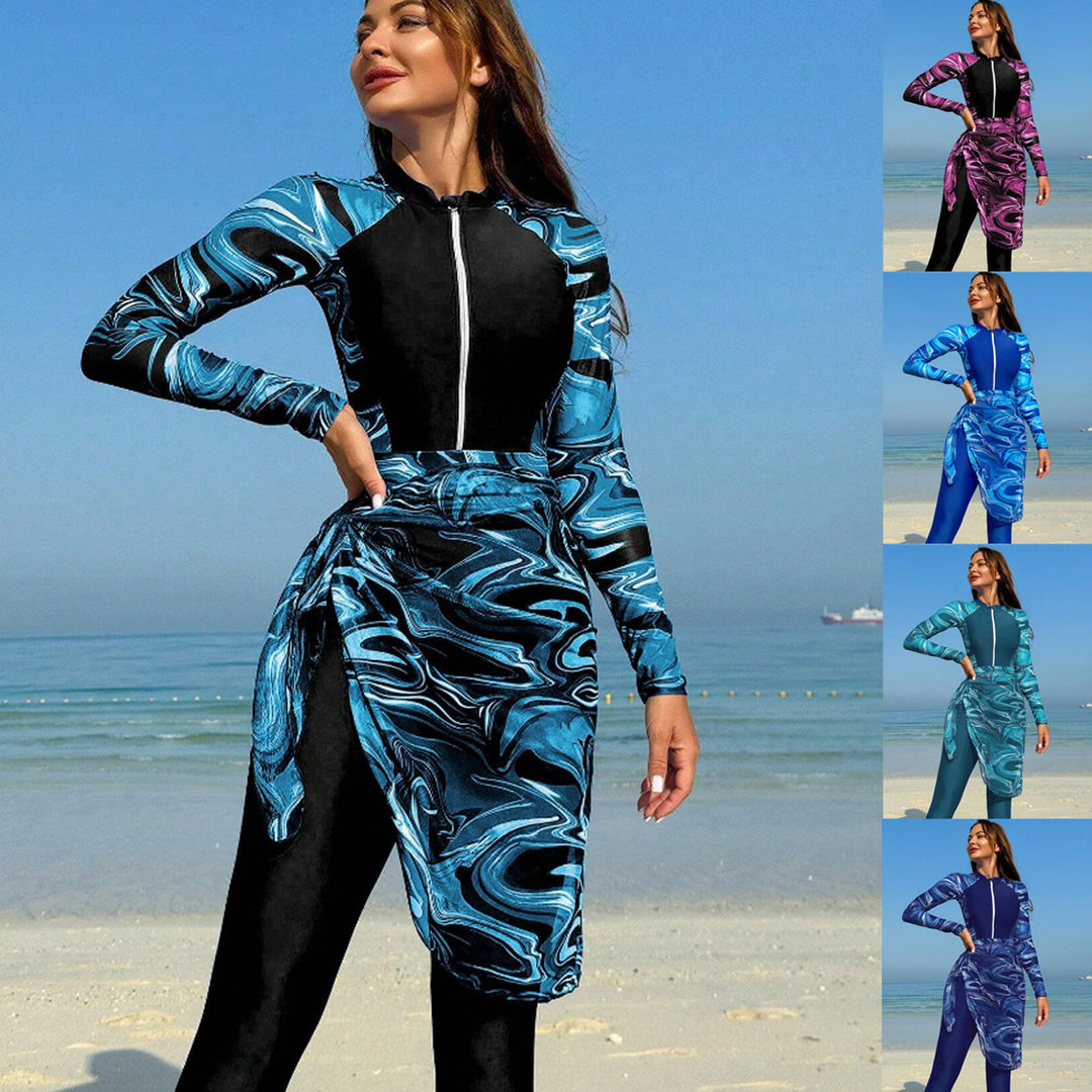 Damen Sportlicher Langarm-Badeanzug mit integriertem Wickelrock Echo Archiv