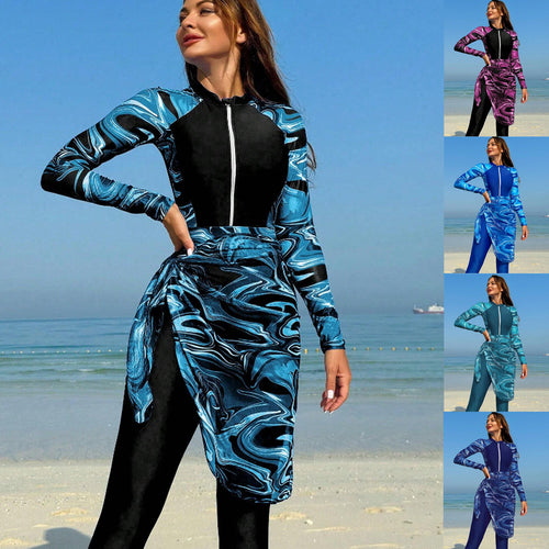 Damen Sportlicher Langarm-Badeanzug mit integriertem Wickelrock Echo Archiv