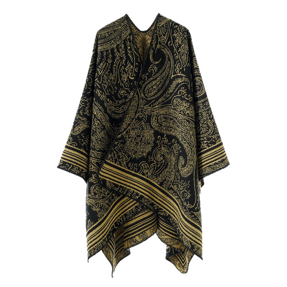 Damen Jacquard-Poncho im Ruana-Schnitt mit Paisley-Muster und breiter Bordüre – Avérine