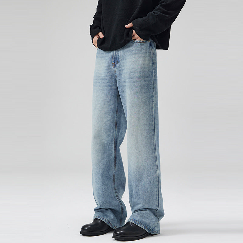Herren Leicht verwaschene Ultraweite Denim-Marlenehose mit bodenlangem Saum Echo Archiv