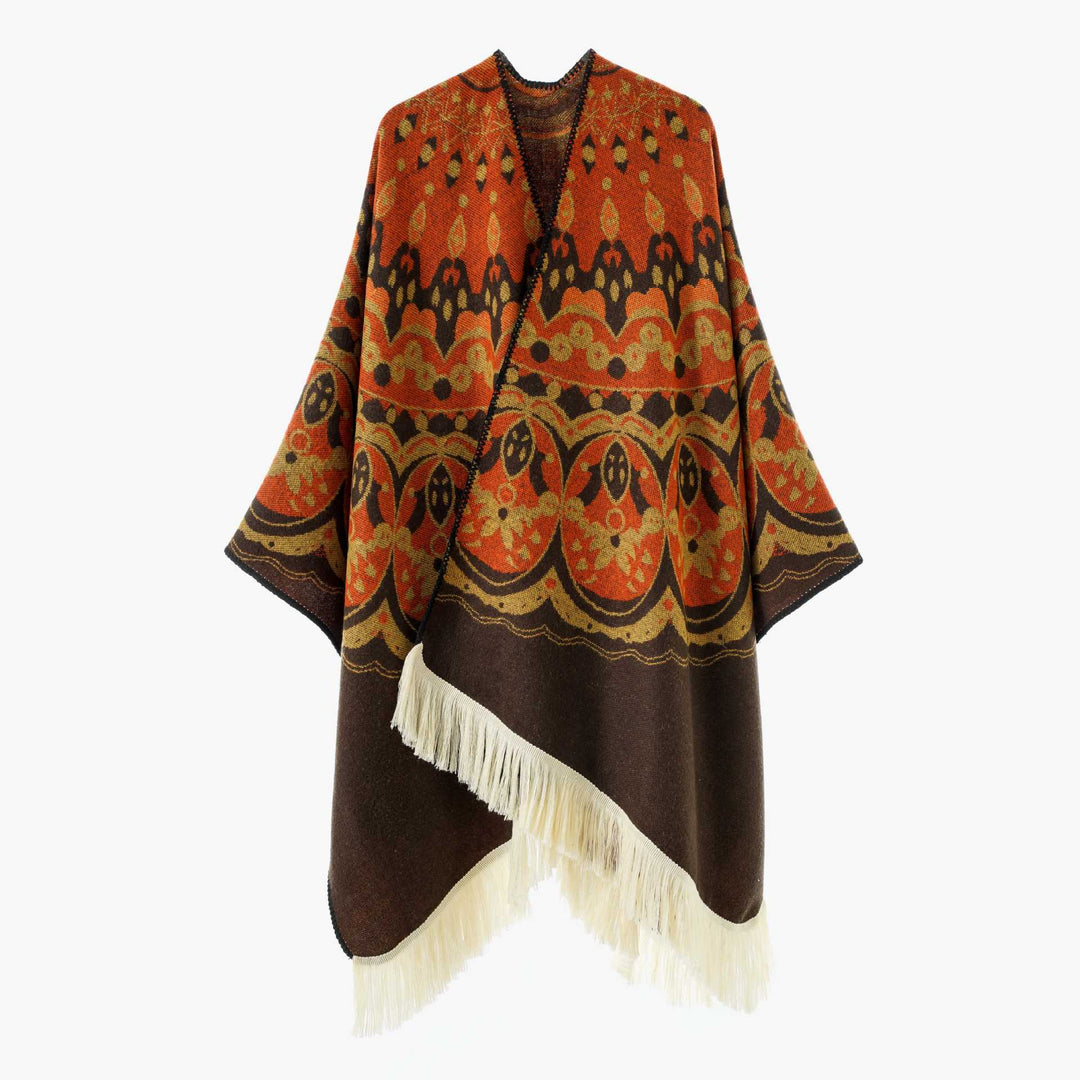 Damen Gewebter Jacquard-Poncho mit V-Ausschnitt, Ethno‑Print und Fransen – Avérine