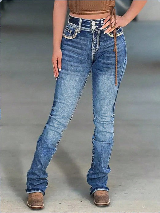 Damen Hochtaillierte Slim‑Straight Jeans mit V‑förmigem Bund und Superstretch-Denim Echo Archiv