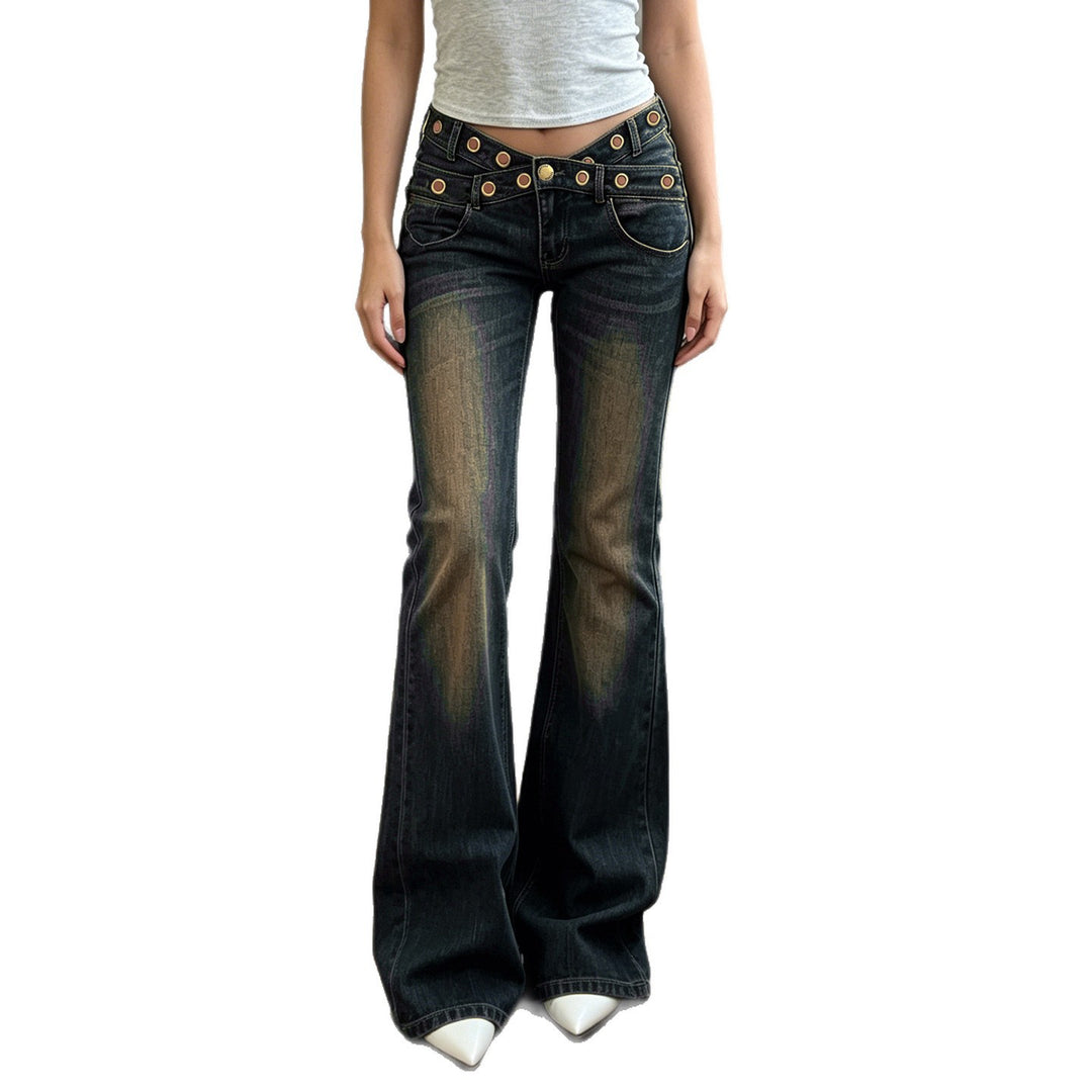 Damen High‑Waist Flared-Jeans mit doppeltem Nietenbund und Used-Effekt Echo Archiv