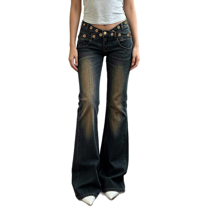Damen High‑Waist Flared-Jeans mit doppeltem Nietenbund und Used-Effekt Echo Archiv