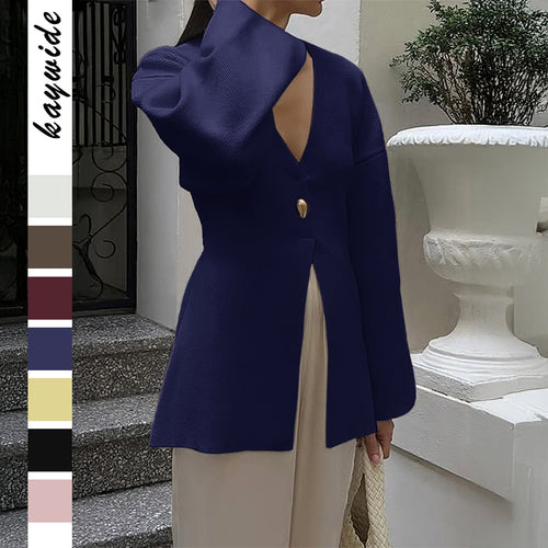 Damen taillierter Feinstrick-Cardigan mit V-Ausschnitt, Zierknopf und frontaler Schlitz – Veloura