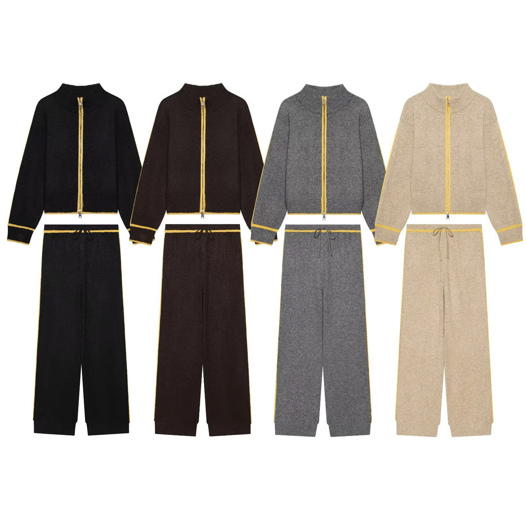 Damen Strick-Set mit Reißverschlussjacke, Stehkragen und weitem Relax-Hosenbein Echo Archiv
