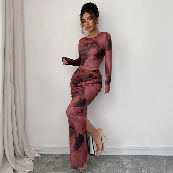 Damen nan zweiteiliges figurbetontes Set aus elastischem Mesh mit langärmligem Crop-Top, Daumenloch und gerafftem Midirock Echo Archiv