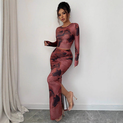 Damen nan zweiteiliges figurbetontes Set aus elastischem Mesh mit langärmligem Crop-Top, Daumenloch und gerafftem Midirock Echo Archiv