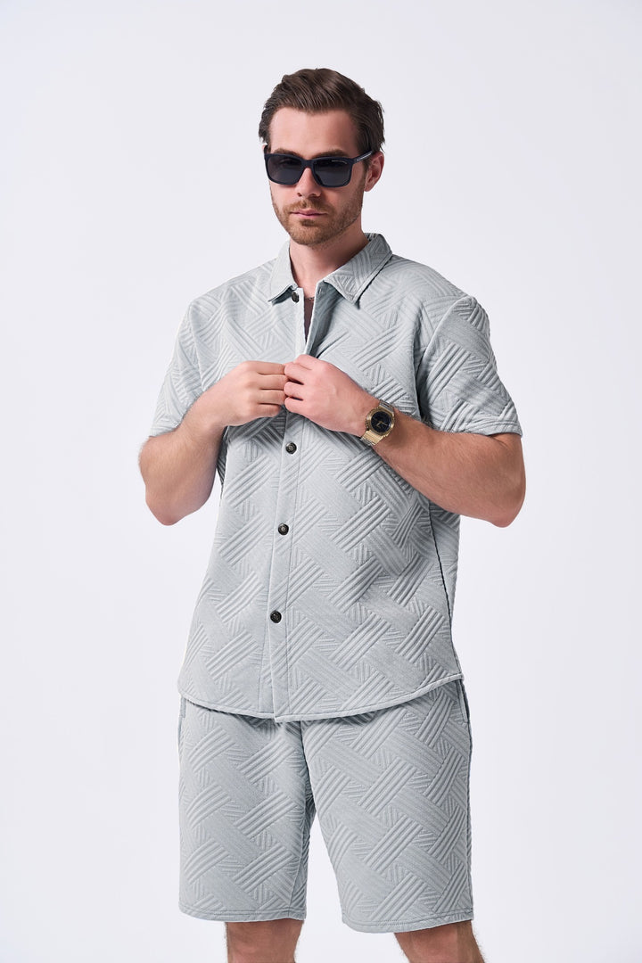 Herren Freizeit Kurzarmhemd und Shorts Set mit strukturiertem Muster Echoarchiv