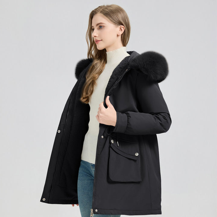 Damen Midilanger Thermoparka mit Teddy-Innenfutter, abnehmbarem Kunstpelzkragen und Taillenregulierung Echo Archiv