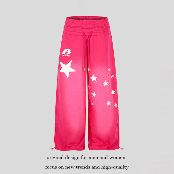 Damen Weite High‑Waist Palazzo-Loungehose aus Stretch-Jersey mit Elastikbund, Tunnelzug, verstellbaren Saumkordeln und Sternen-Print Echoarchiv