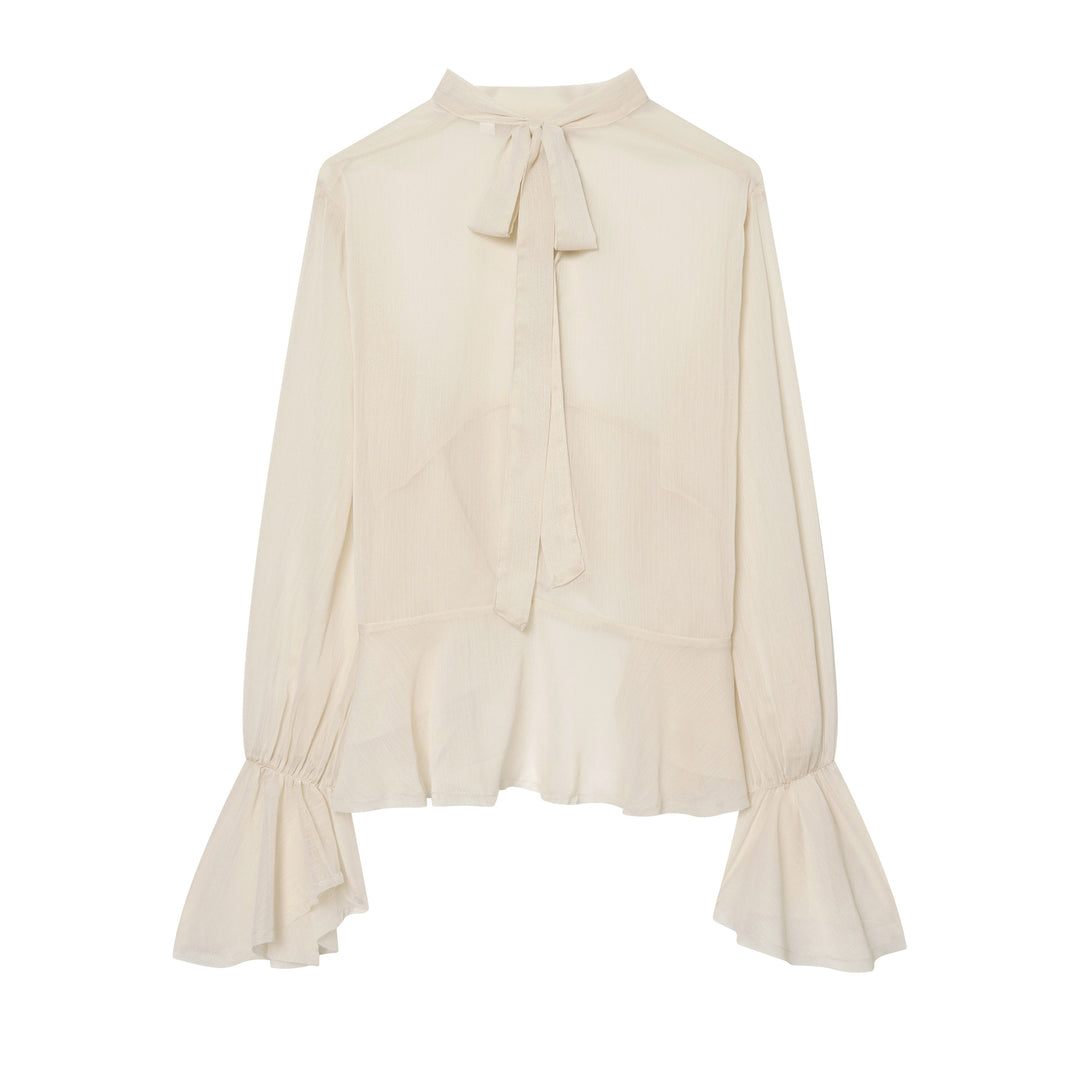Damen nan transparente Chiffonbluse mit Schleifenkragen, Volantärmeln und Schößchen Echo Archiv