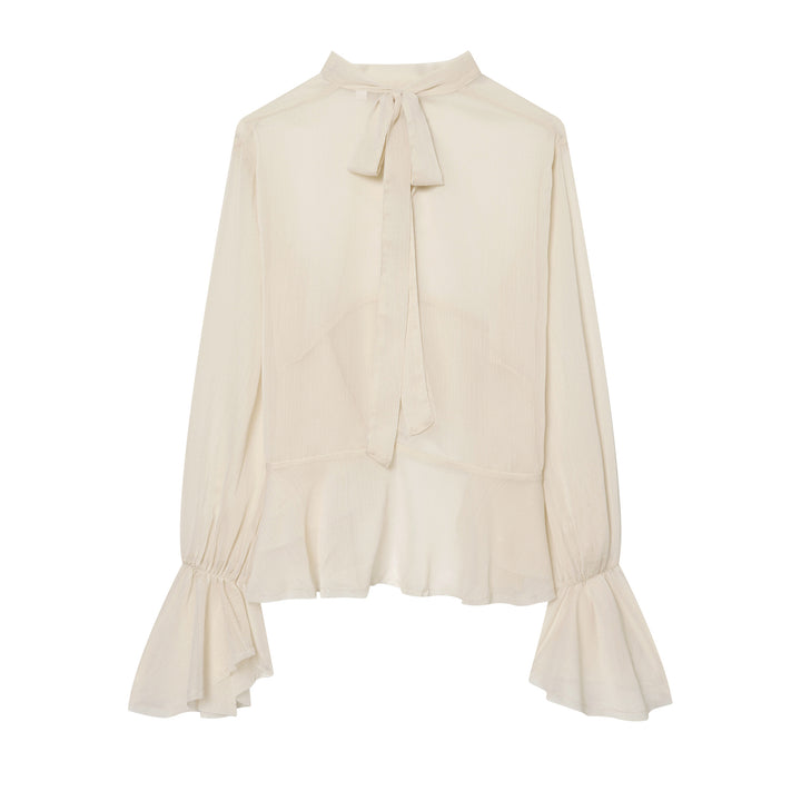 Damen nan transparente Chiffonbluse mit Schleifenkragen, Volantärmeln und Schößchen Echo Archiv