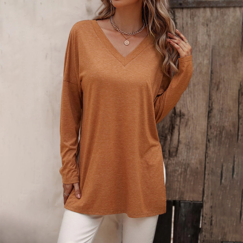 Damen lässige V-Neck Longsleeve-Tunika mit Seitenschlitzen und relaxed Fit – Avérine