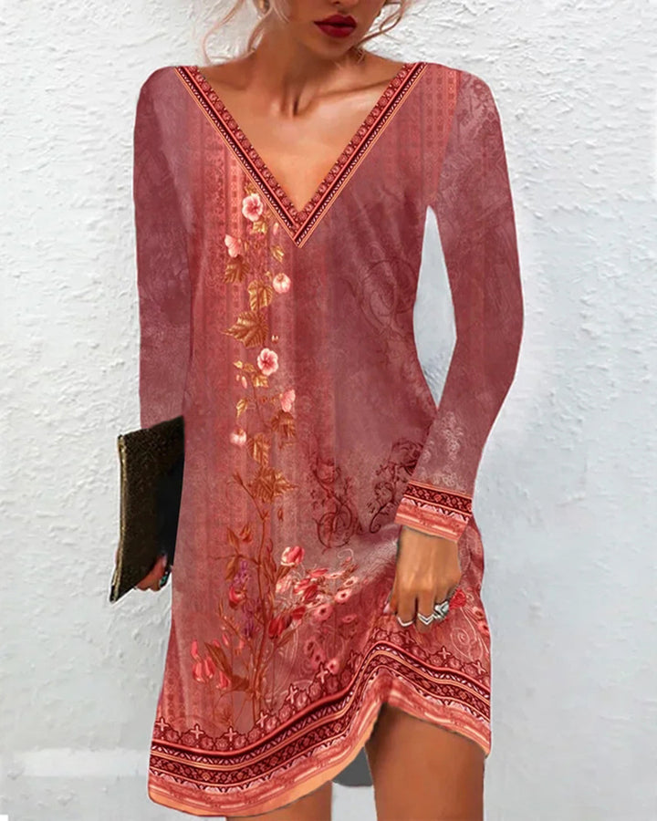 Frauen Floral V-Ausschnitt Tunika Kleid mit Border Print und langen Ärmeln – Lunéa