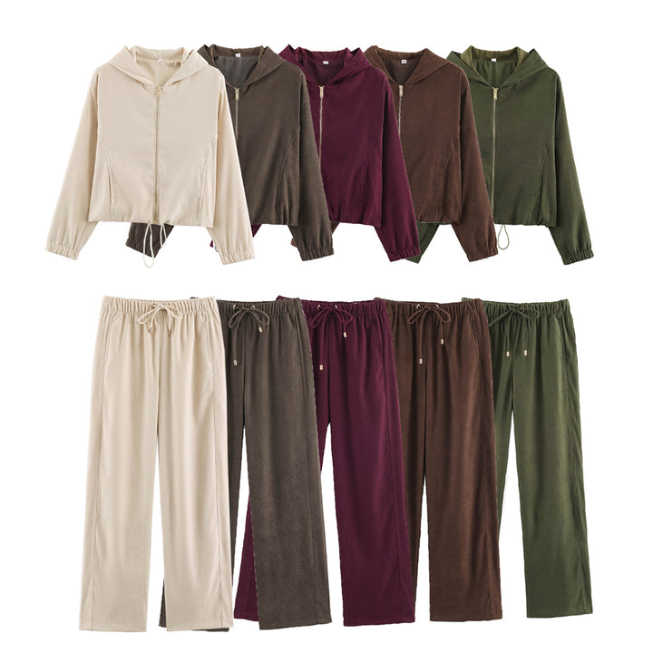 Damen Jersey‑Zweiteiler mit kurzer Kapuzenjacke, Kordelzug und gerader Komforthose Echo Archiv