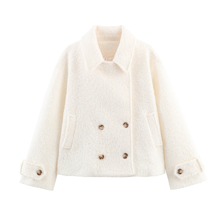 Damen kastige Bouclé-Jacke mit kurzem Schnitt, doppelreihiger Knopfleiste und Manschettenriegel – Célinea