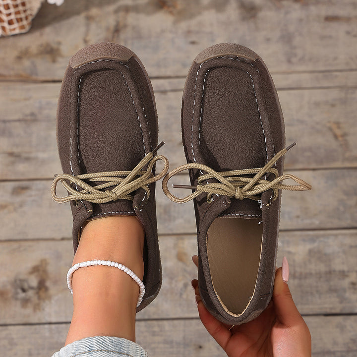 Damen lässige Mokassin-Slipper aus Veloursimitat mit dekorativer Ziernaht, elastischer Schnürung und flexibler Gummisohle – Lioré