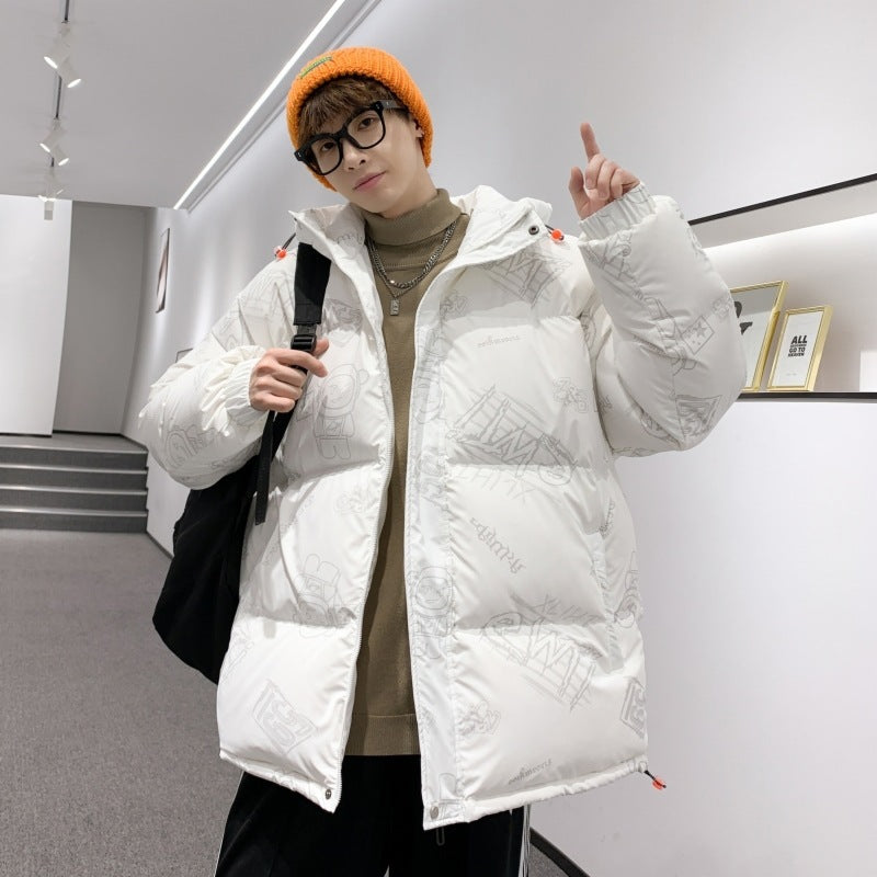 Herren gefütterte oversized Steppjacke mit Kapuze und Allover-Print Echoarchiv
