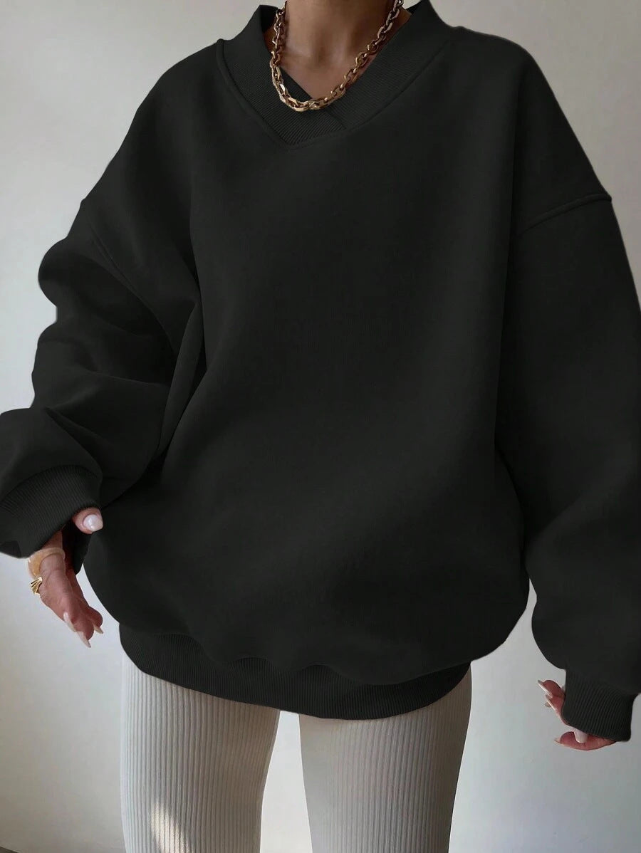 Damen Oversized V-Ausschnitt Sweatshirt mit verstärktem Rippkragen und extraweitem Cut – Avérine