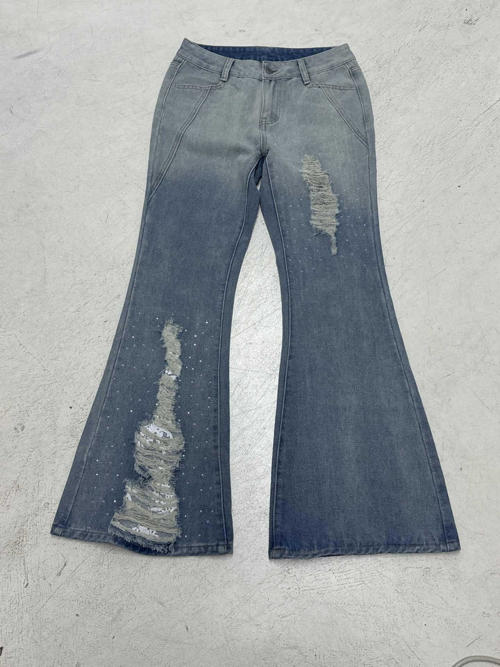 Damen Weite Schlagjeans mit hoher Taille, ausgefransten Rissen und Perlenapplikation Echo Archiv