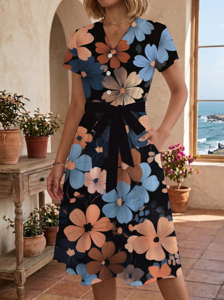 Damen Blühendes Midikleid mit taillierbarem Gürtel und kunstvollem Print Echo Archiv