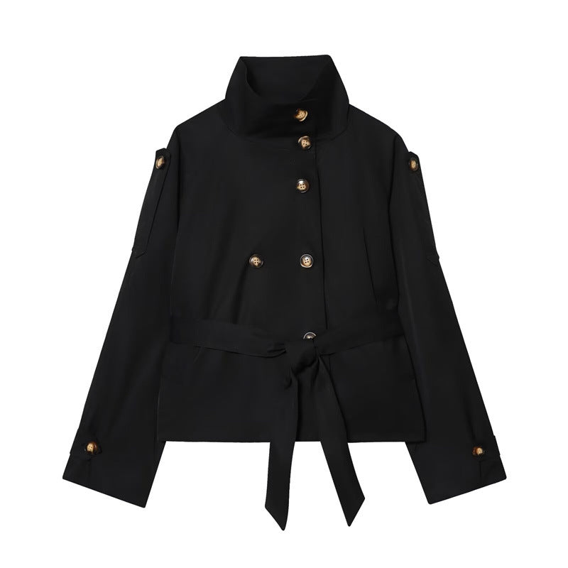 Damen Kurzjacke im Marineinspirierten Doppelreiher mit Stehkragen, Zierknöpfen und Bindegürtel Echo Archiv
