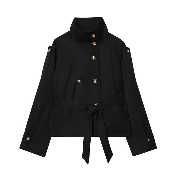 Damen Kurzjacke im Marineinspirierten Doppelreiher mit Stehkragen, Zierknöpfen und Bindegürtel Echo Archiv