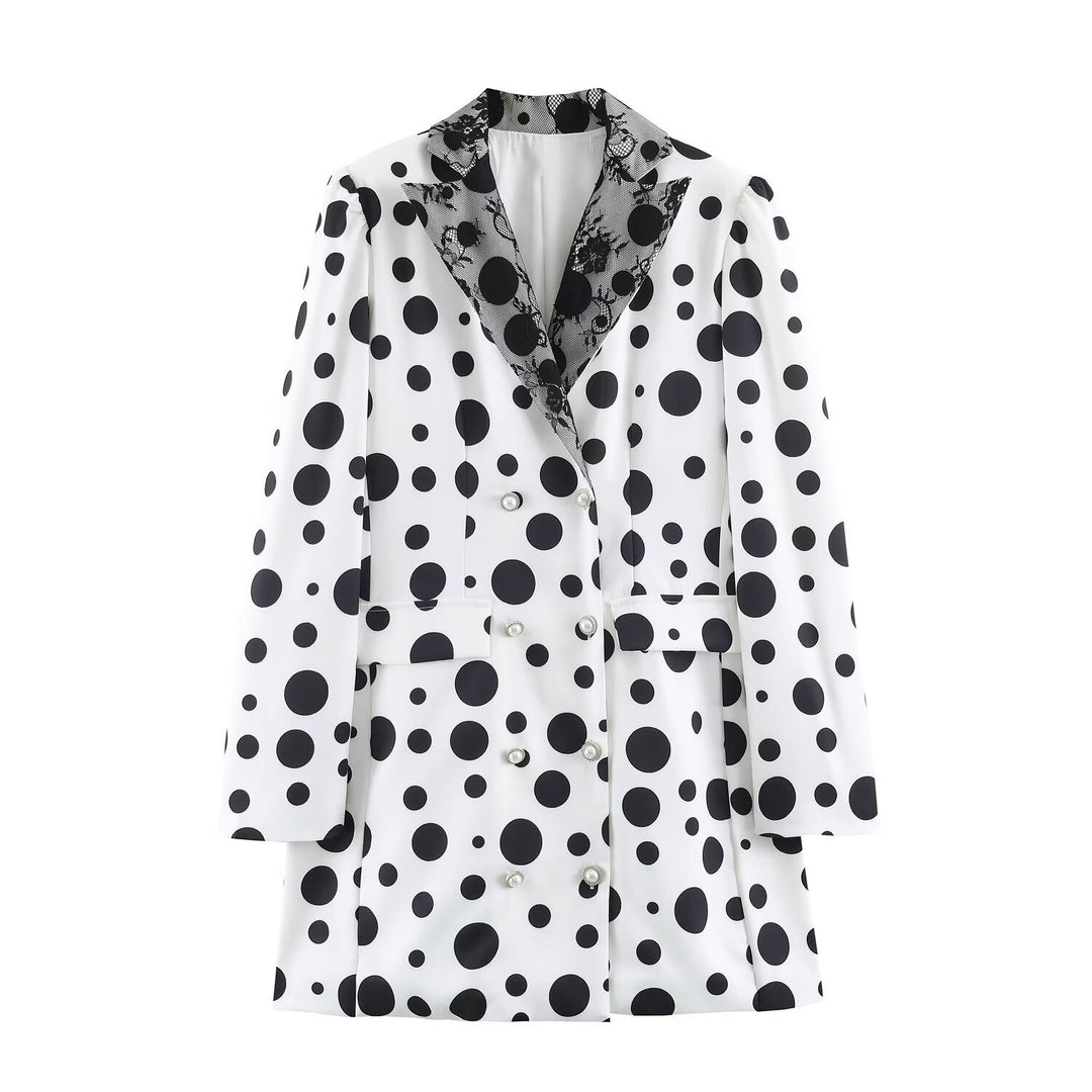 Damen Doppelreihiger Blazer im Polka‑Dot‑Design mit Spitzenbesetztem Revers Echoarchiv