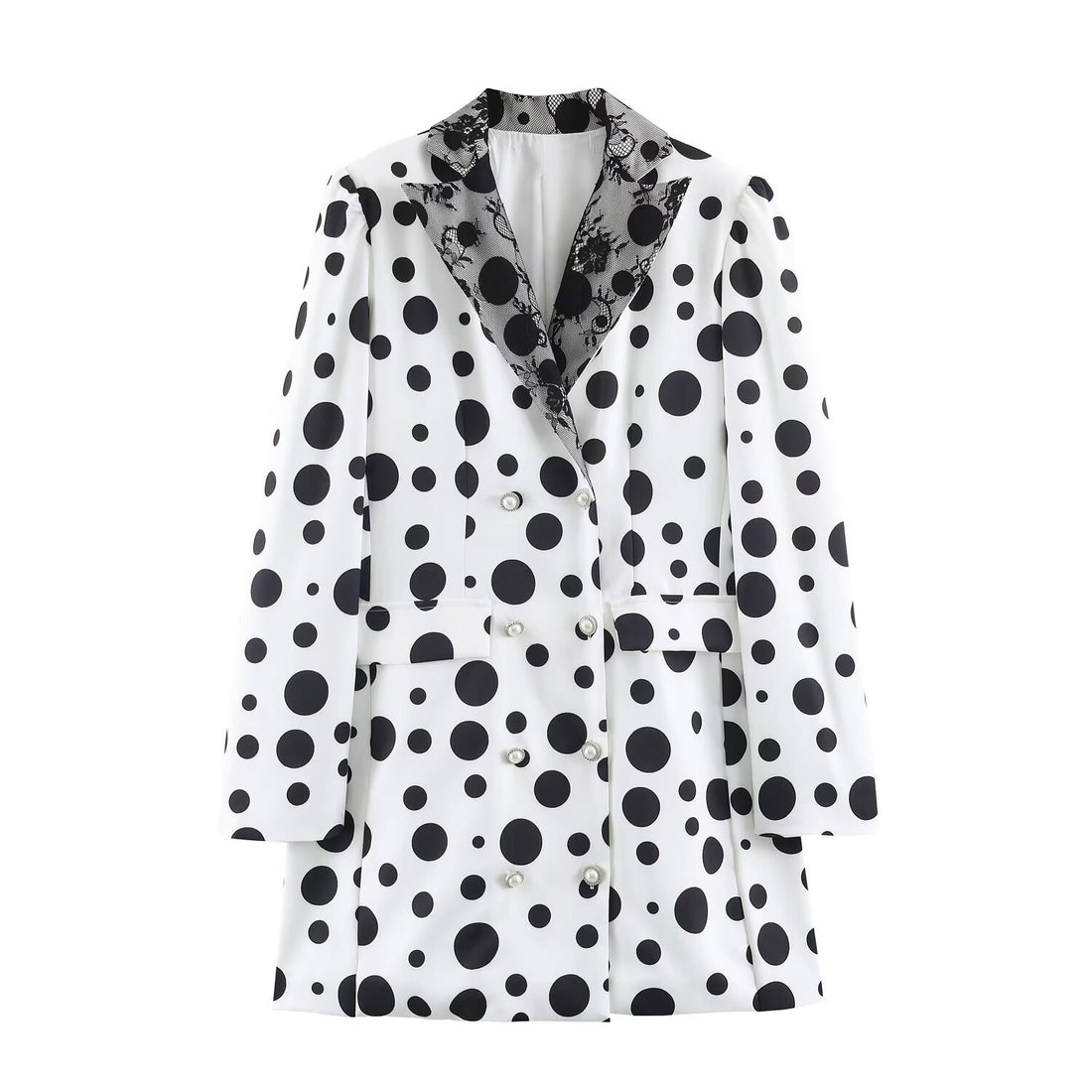 Damen Doppelreihiger Blazer im Polka‑Dot‑Design mit Spitzenbesetztem Revers Echoarchiv