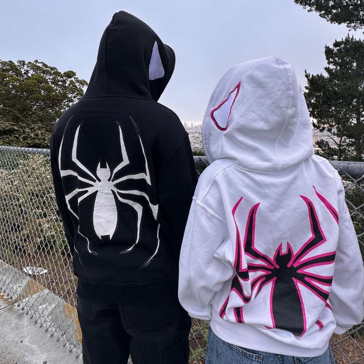 Unisex Kapuzenpullover mit kontrastiertem Spinnenmotiv Rückendruck und Ohrenkapuze – Auréline