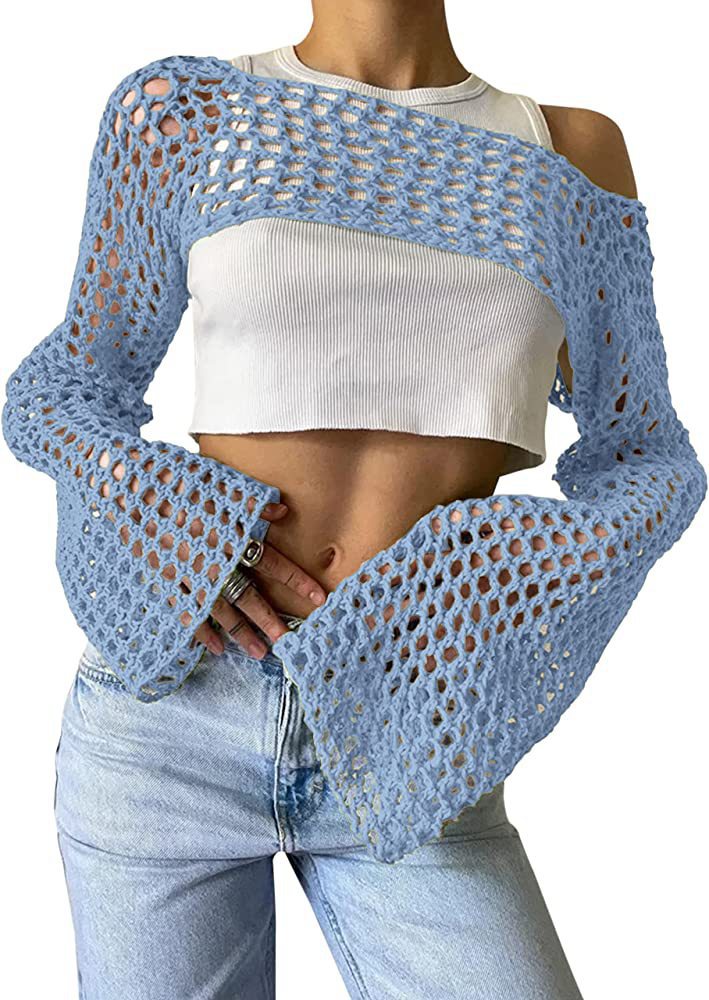 Damen gehäkeltes Langarm-Top mit Off-Shoulder-Design Echo Archiv