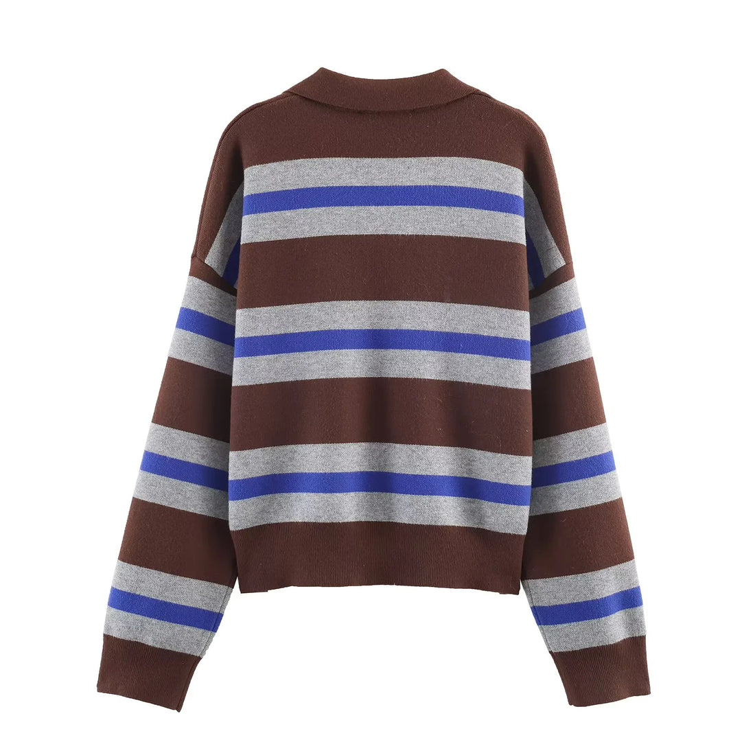 Damen oversized Rugby-Pullover mit Polokragen, V-Ausschnitt und breiten Streifen – Mavelle