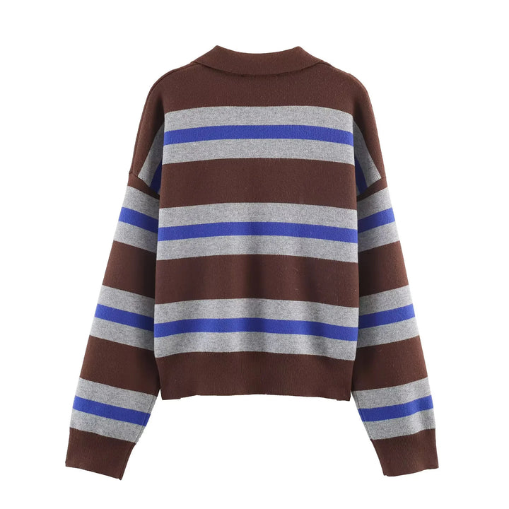 Damen nan oversized Rugby-Pullover mit Polokragen, V-Ausschnitt und breiten Streifen Echo Archiv