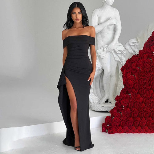 Damen Elegantes Off-Shoulder Maxikleid mit hohem Schlitz und Drapierungen Echo Archiv